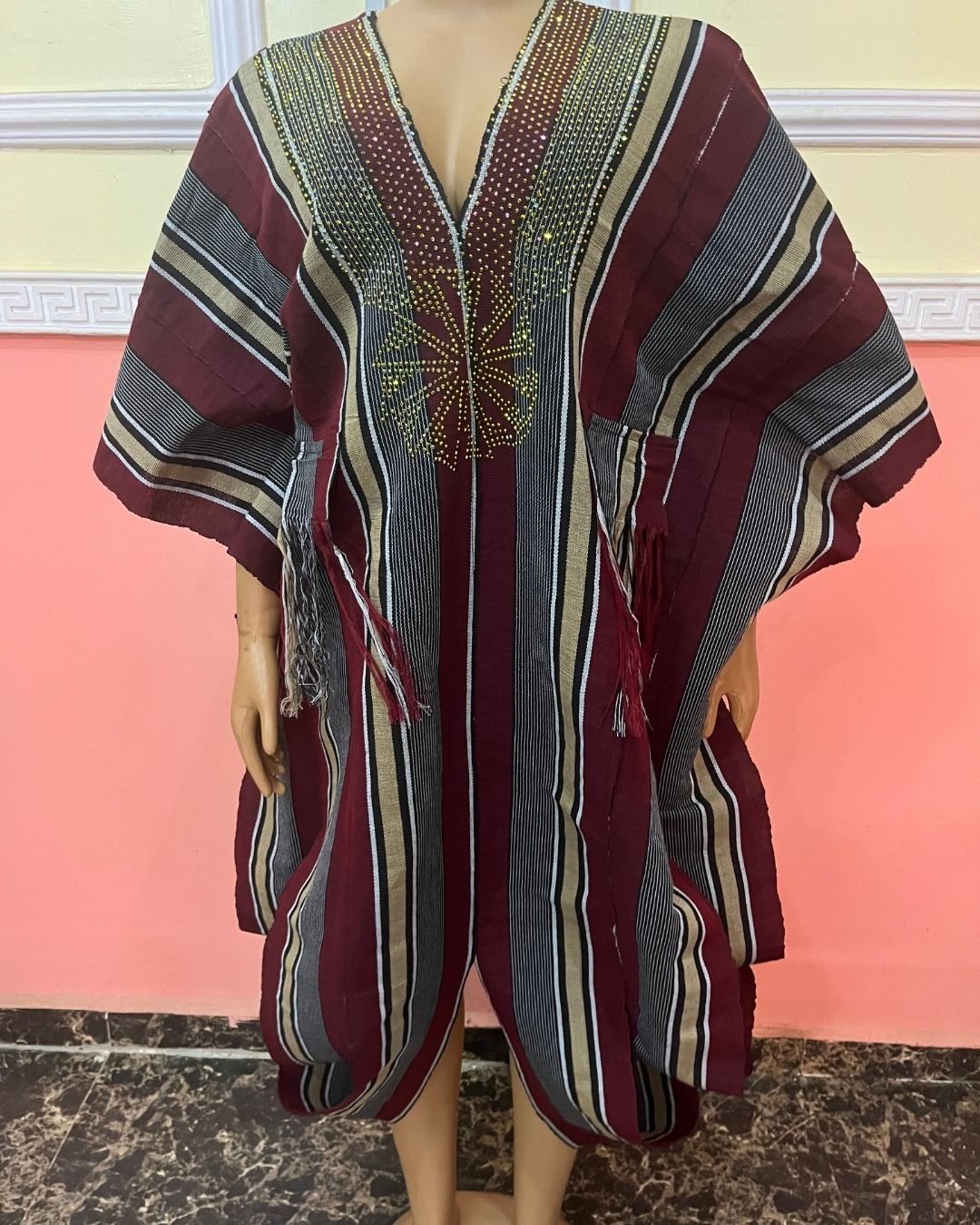 Eniola Luxe Striped Dashiki Kaftan – Burgundy Heritage Edition - Image 3