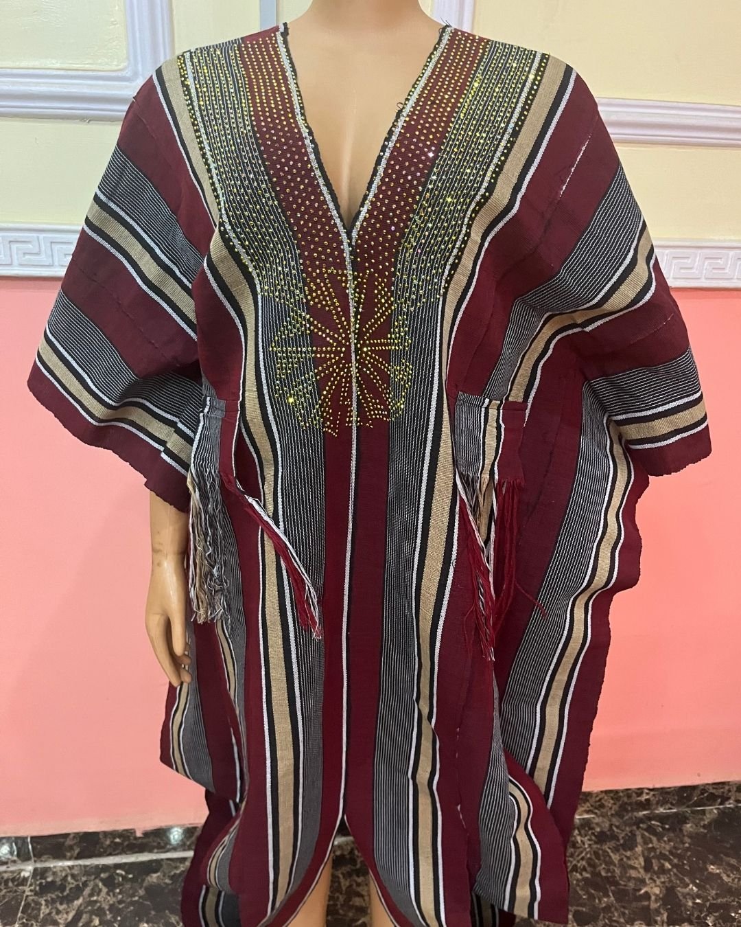Eniola Luxe Striped Dashiki Kaftan – Burgundy Heritage Edition - Image 2