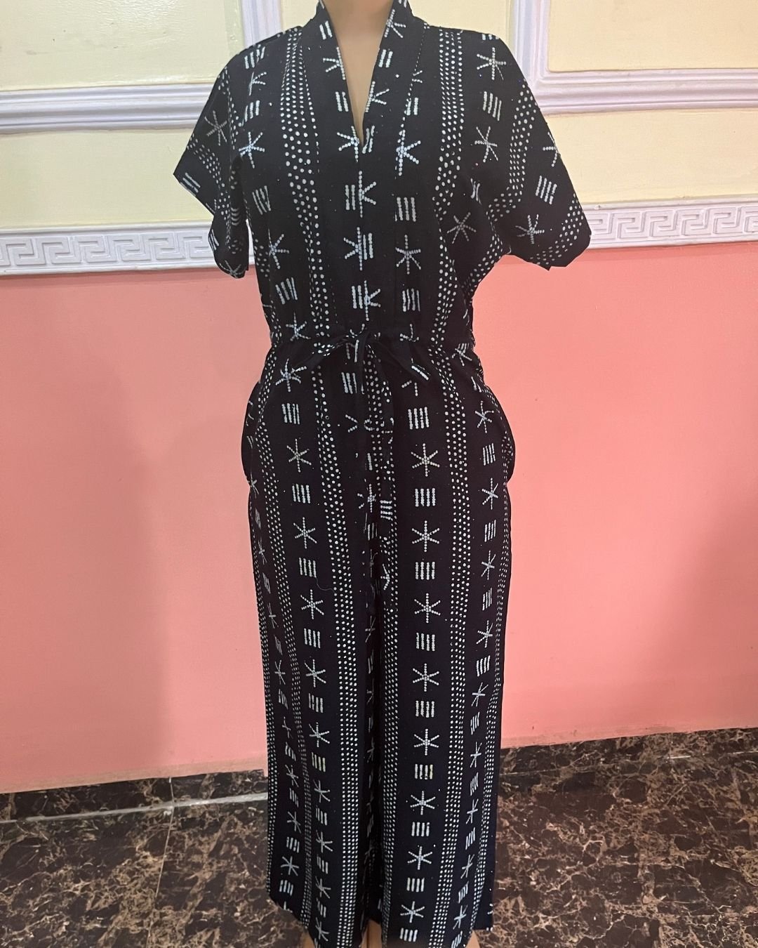 Dola Black Monochrome Patterned Cotton Jumpsuit – Modern African Style - Image 3