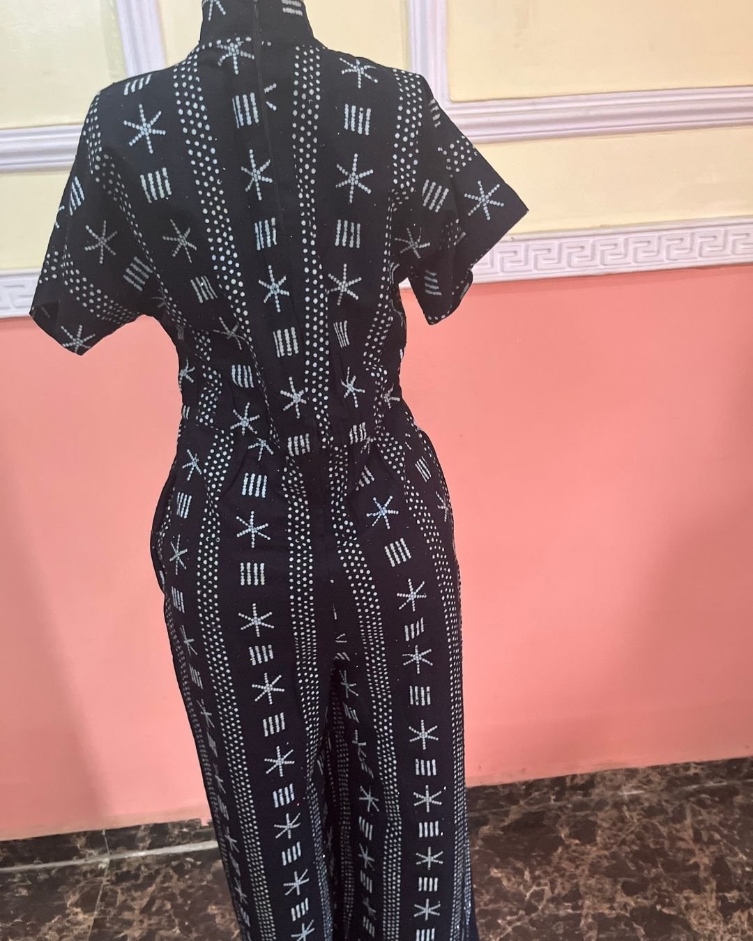 Dola Black Monochrome Patterned Cotton Jumpsuit – Modern African Style - Image 4