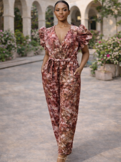 Adunni Bloom Heritage Ruffle Jumpsuit – Brown & Rose Marble Batik