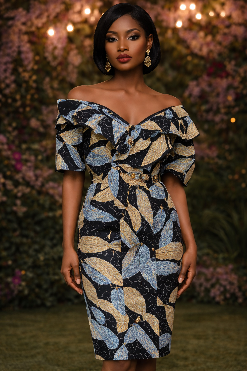 Amara Grace Stoned Ankara Ruffle Midi Dress