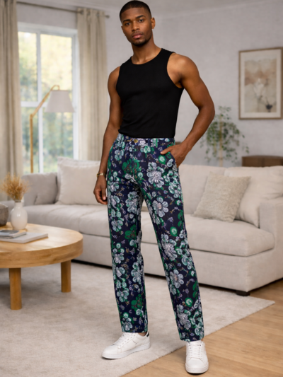 Ayo Men’s Ankara Heritage Trouser – Black & Emerald Floral Pattern