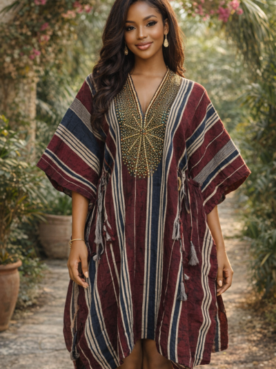 Eniola Luxe Striped Dashiki Kaftan – Burgundy Heritage Edition