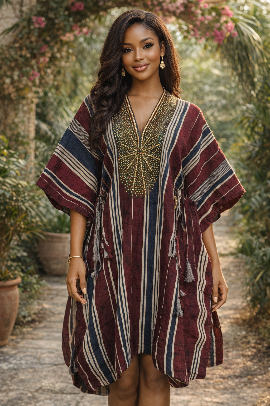 Eniola Luxe Striped Dashiki Kaftan – Burgundy Heritage Edition