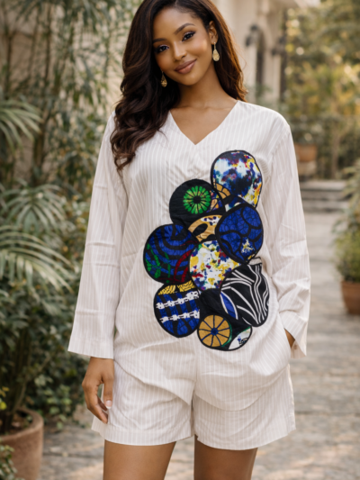 Patchwork Elegance Two-Piece Set – White Edition