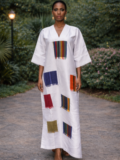 The Zola Radiance Patchwork Maxi Kaftan – White Edition