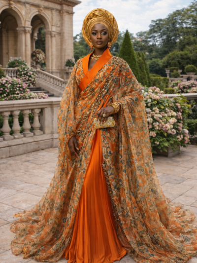 Luxurious Flowing Floral-Chiffon Kaftan with Satin Lapel & Crystal Embellishment