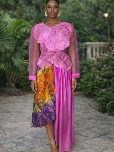 Luxury Petal-Layered Organza Top with Dual-Texture Artistic Skirt