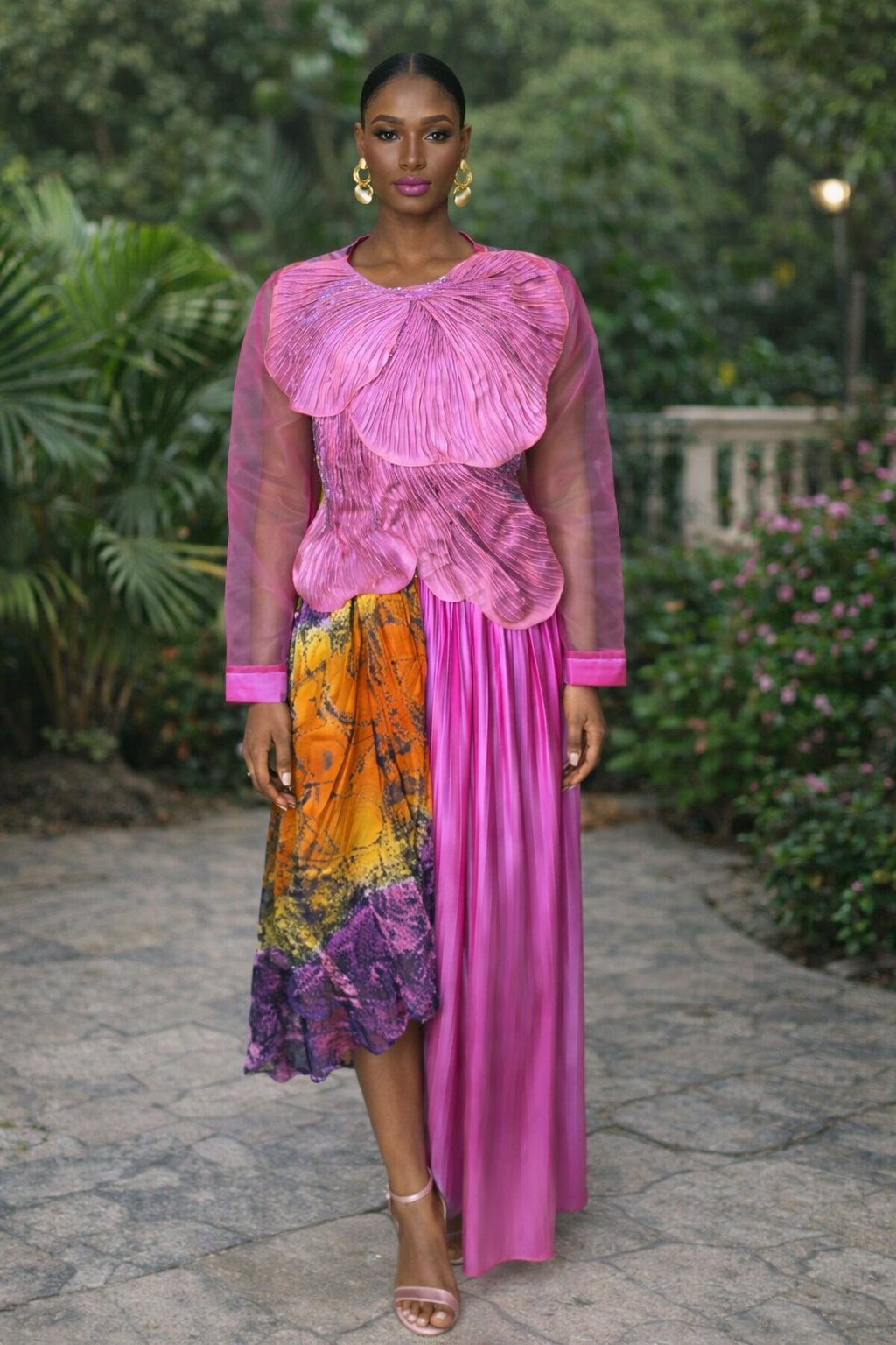 Luxury Petal-Layered Organza Top with Dual-Texture Artistic Skirt