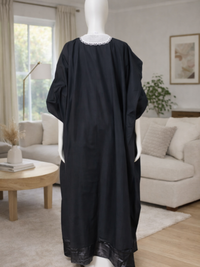 Black Flowing Kaftan with White Embroidery Detail