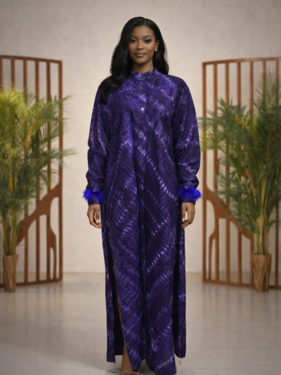 Long Button-Front Adire Dress with Feather Cuff Accents