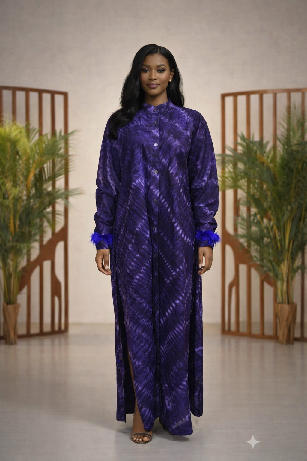 Long Button-Front Adire Dress with Feather Cuff Accents