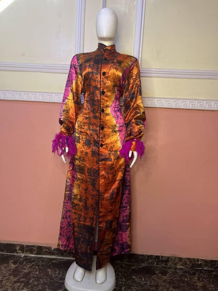 Long Button-Front Batik Maxi Dress with Feather Cuff Detail - Image 2