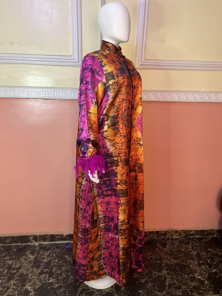 Long Button-Front Batik Maxi Dress with Feather Cuff Detail - Image 3