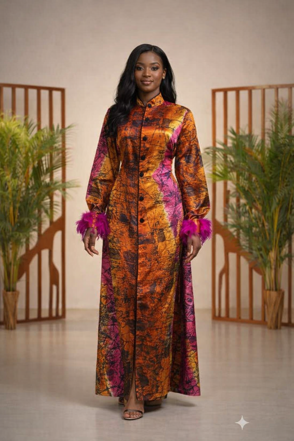 Long Button-Front Batik Maxi Dress with Feather Cuff Detail