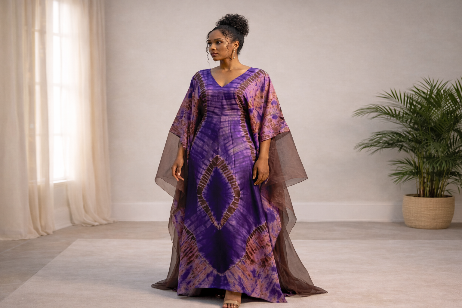Flowing Adire Kaftan with Sheer Overlay
