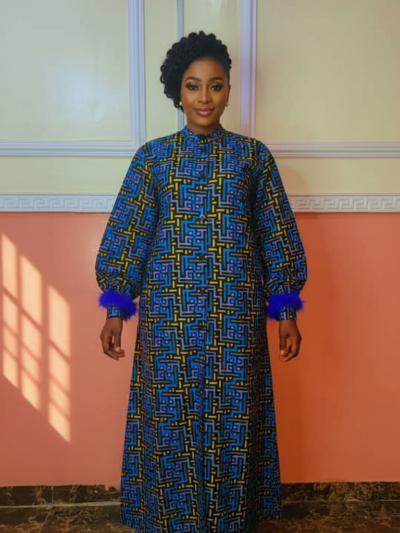 Geometric Print Ankara Maxi Dress with Feather Cuff Detail