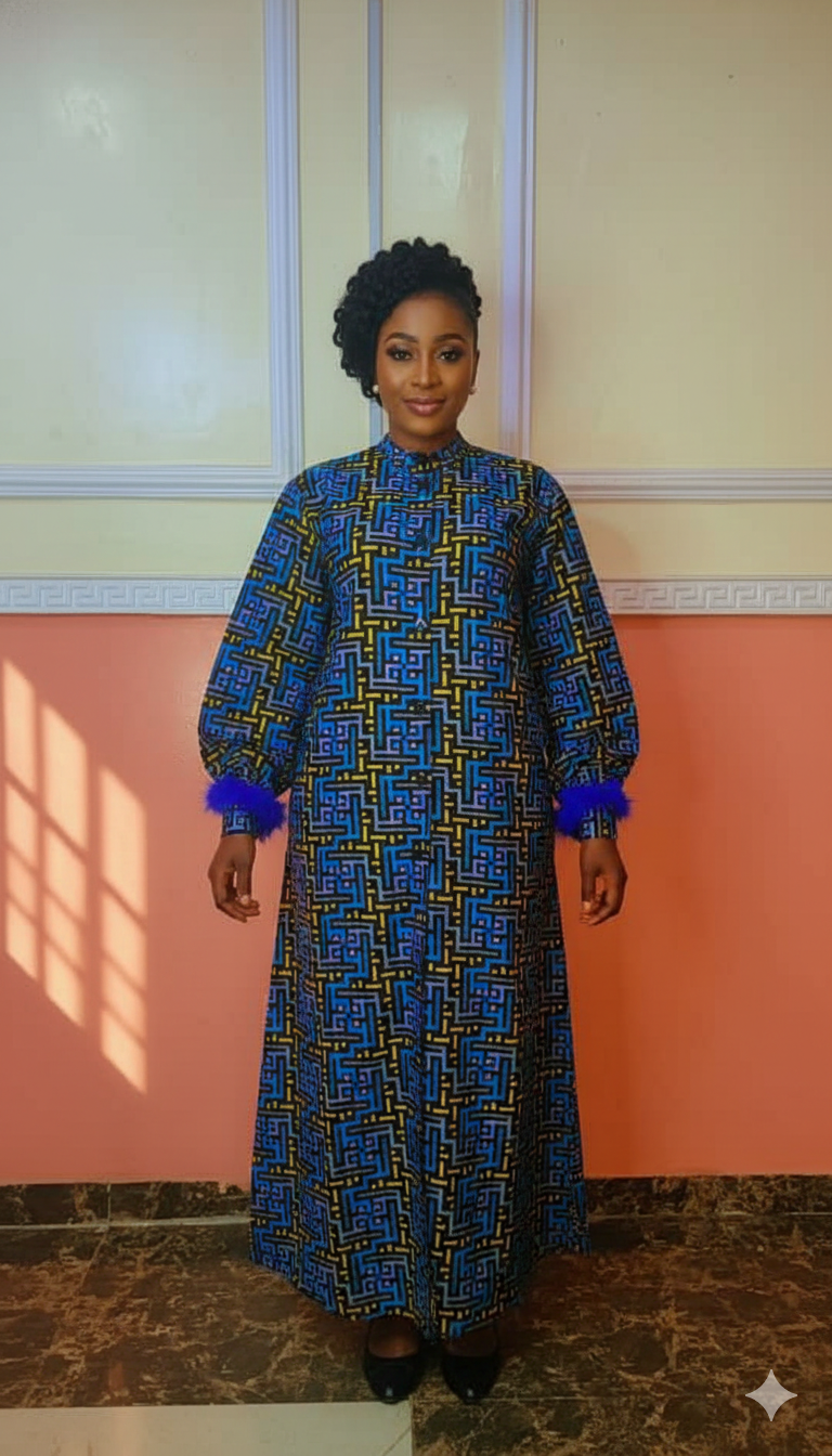 Geometric Print Ankara Maxi Dress with Feather Cuff Detail
