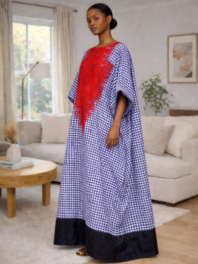 Gingham Panel Kaftan Dress with Embellished Front