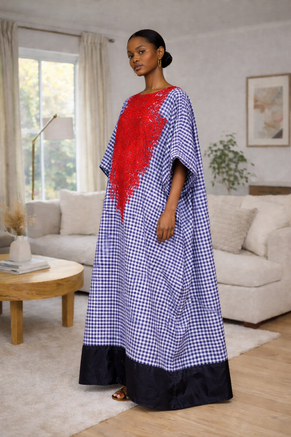 Gingham Panel Kaftan Dress with Embellished Front