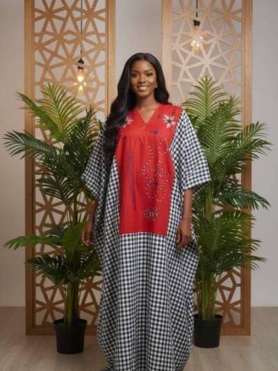 Gingham Panel Kaftan Dress with Embellished Front