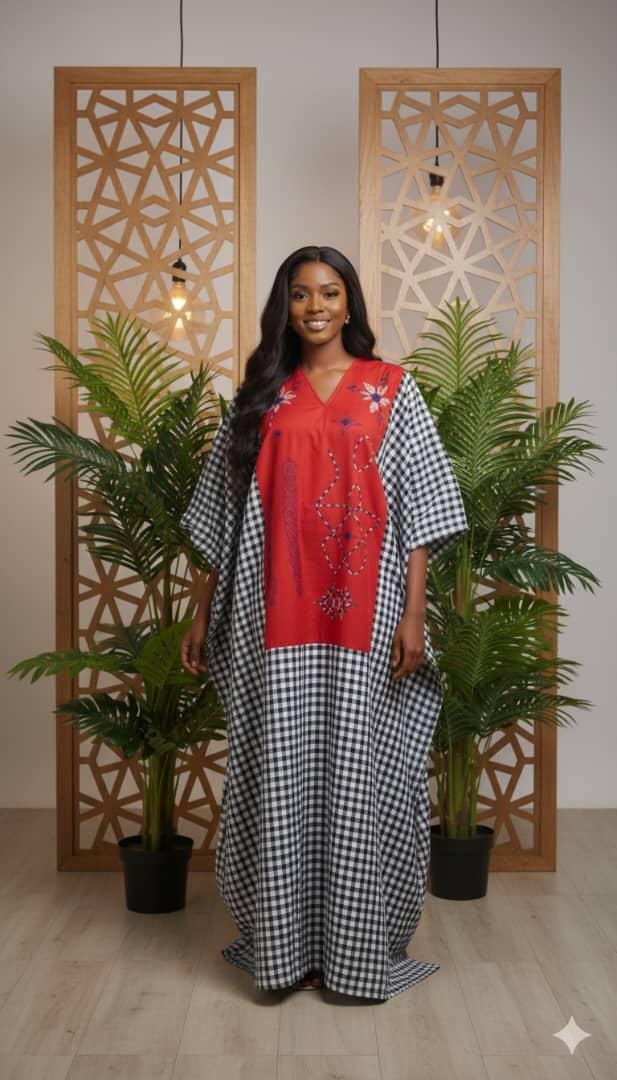 Gingham Panel Kaftan Dress with Embellished Front