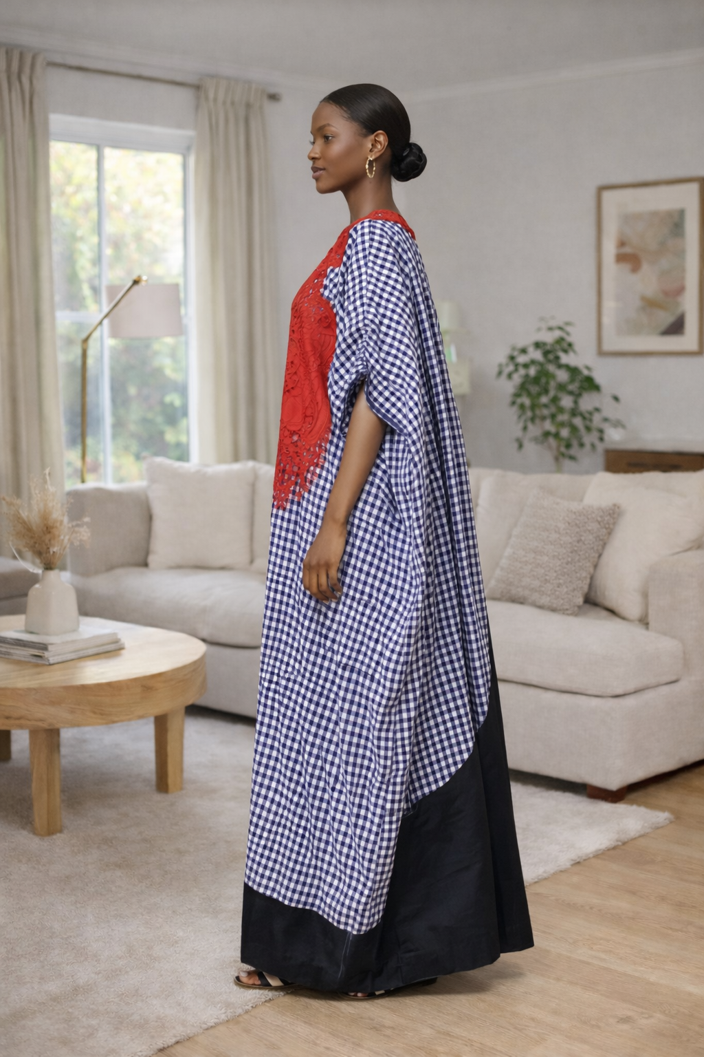 Gingham Panel Kaftan Dress with Embellished Front - Image 3
