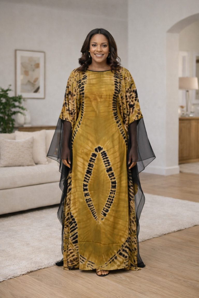 Golden Echo Adire Kaftan with Sheer Overlay