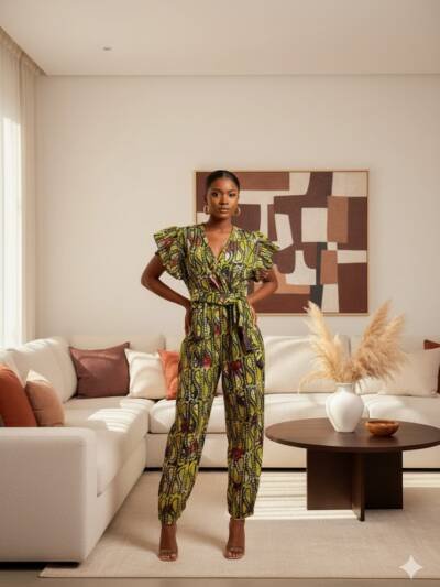 Patterned Ruffle-Sleeve Jumpsuit