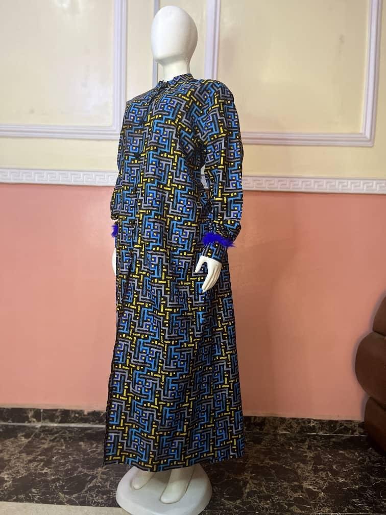 Geometric Print Ankara Maxi Dress with Feather Cuff Detail - Image 2