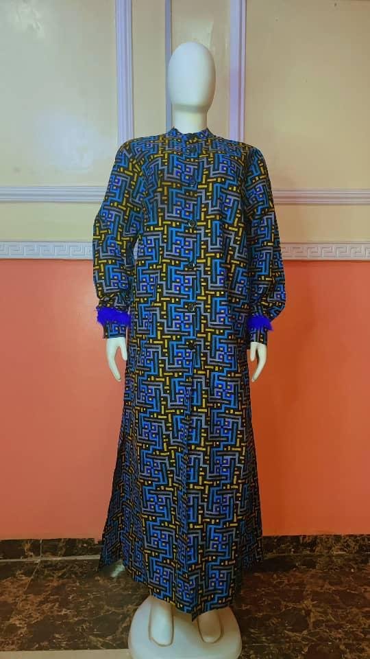 Geometric Print Ankara Maxi Dress with Feather Cuff Detail - Image 3