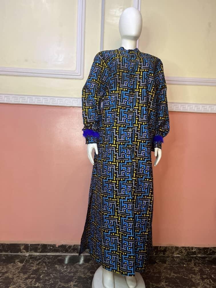 Geometric Print Ankara Maxi Dress with Feather Cuff Detail - Image 4