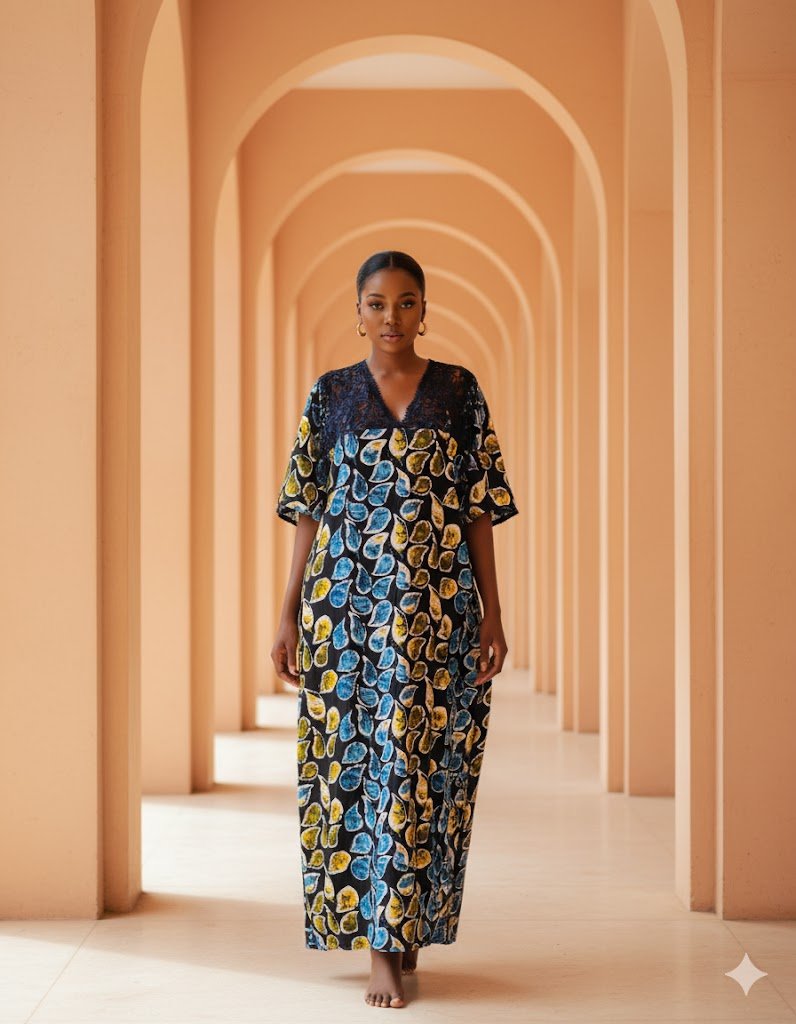 Indigo Petals Lace-Trim Maxi